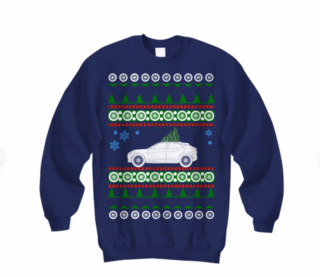 Christmas sweater in navy blue with a Mach-E image on it