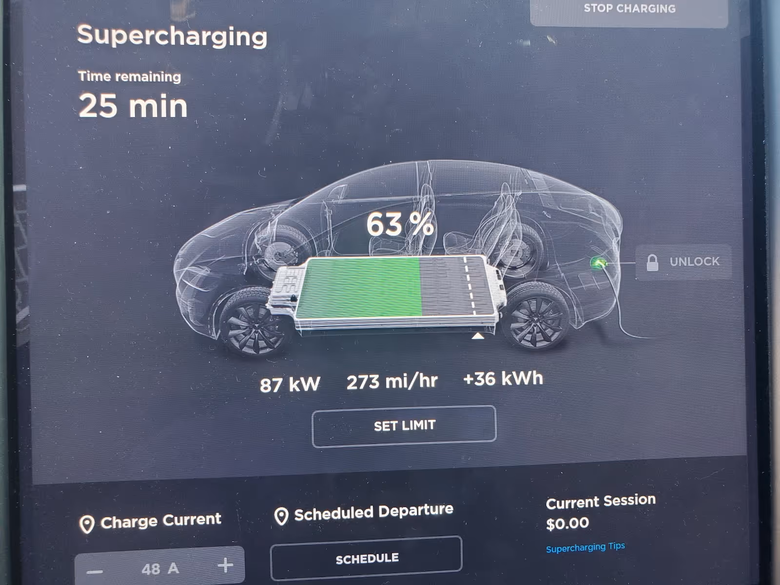 Charging screen inside a Tesla showing that the car is supercharging and at 63% full