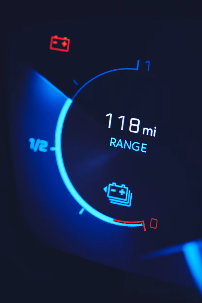 The dashboard of an EV showing battery range remaining