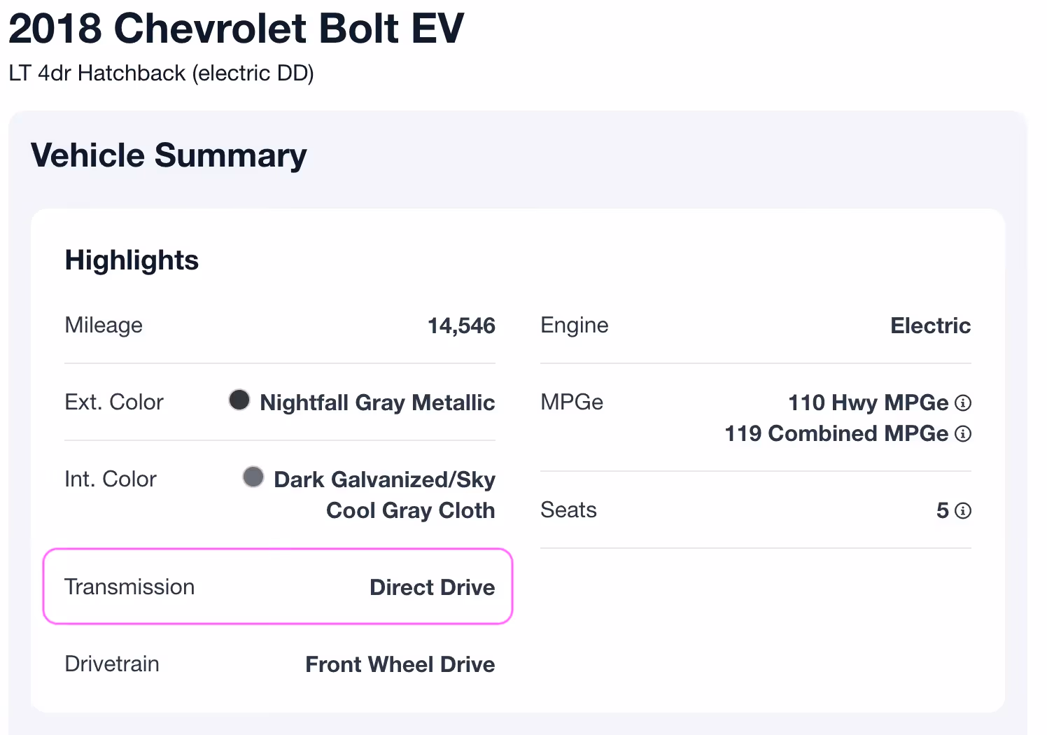 2018 Chevrolet Bolt listed as Direct Drive