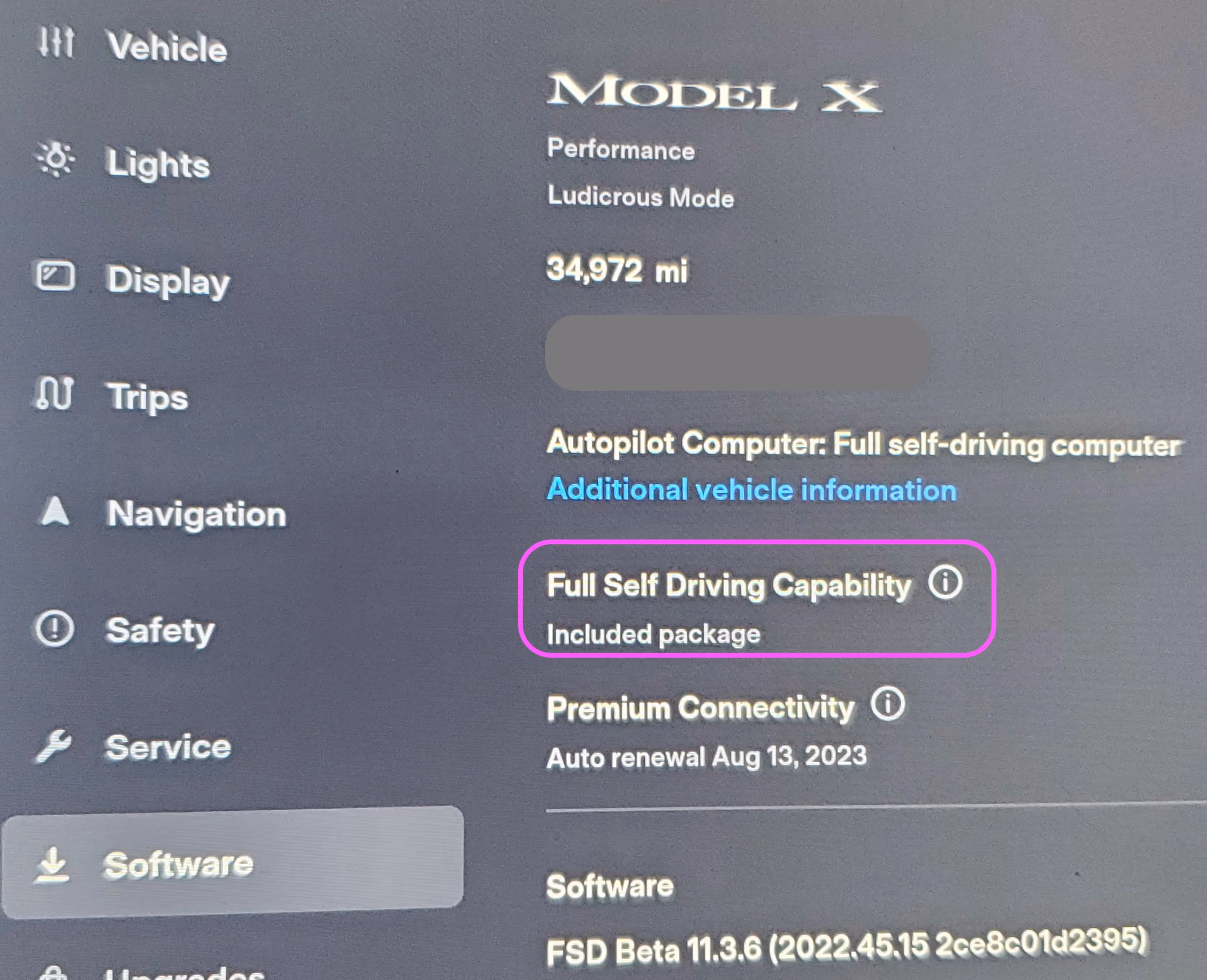 Software screen from a tesla with FSD
