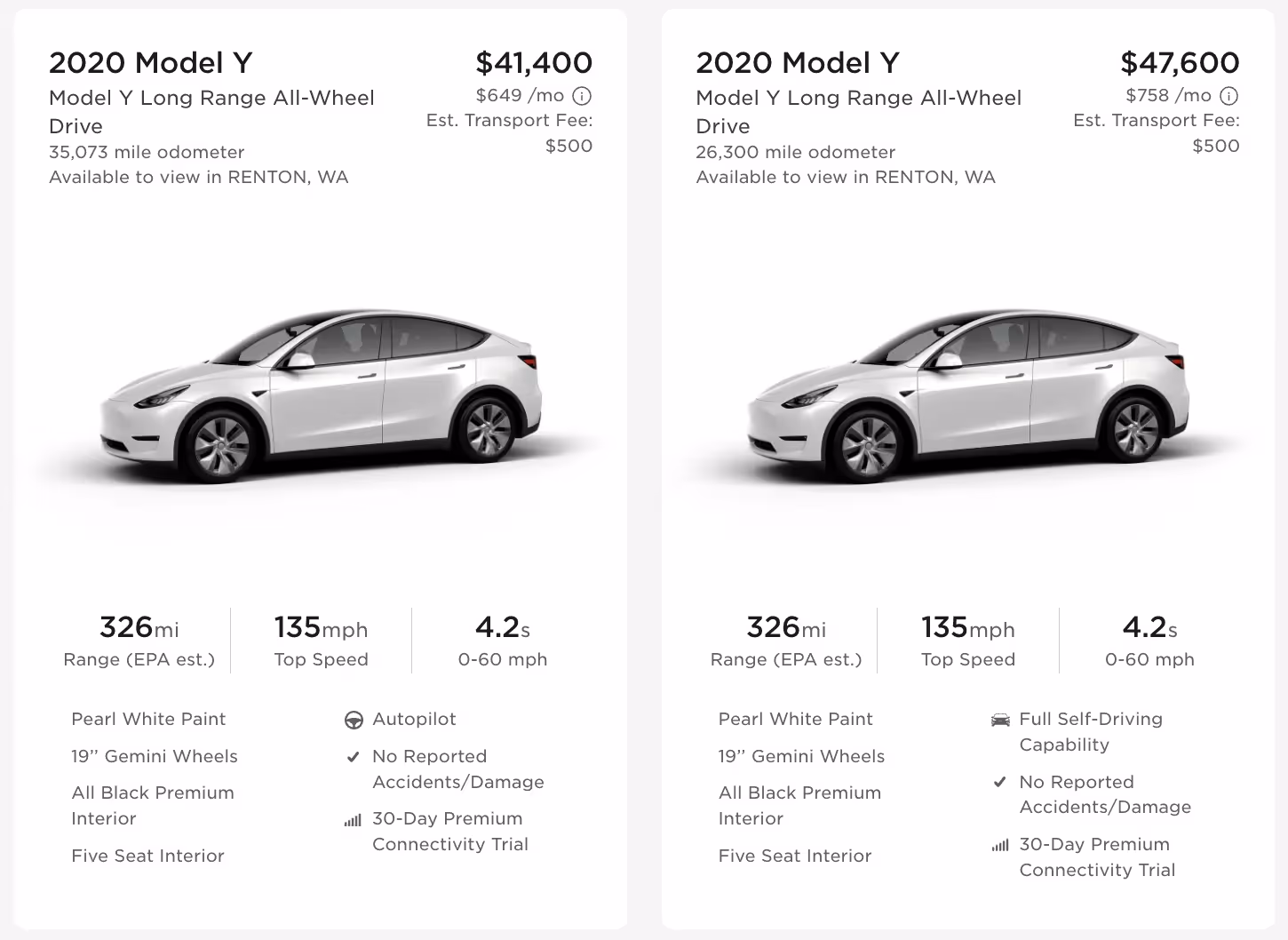 Two 2020 Model Ys with similar configurations