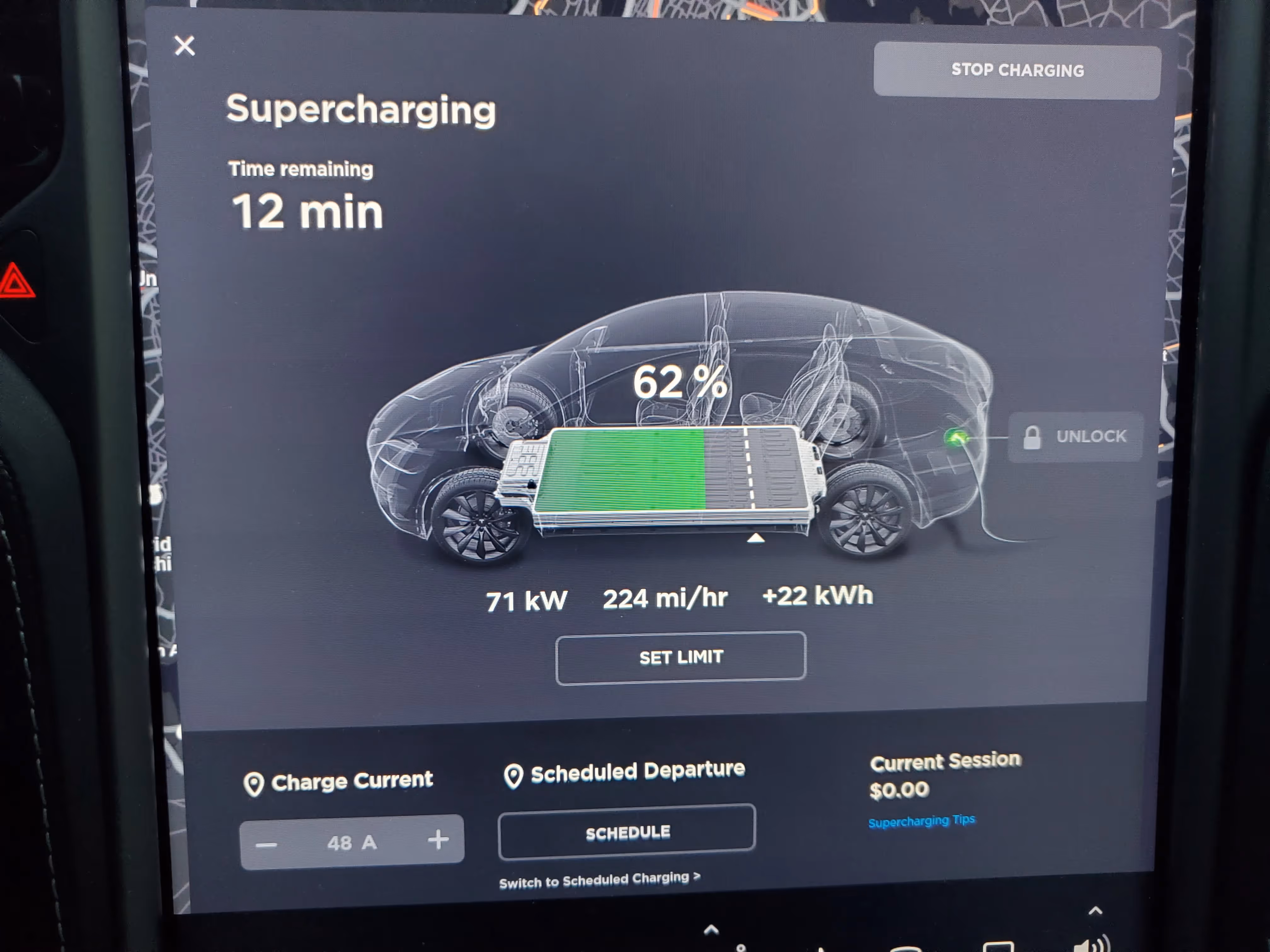 Supercharging at 71 kW in a Tesla