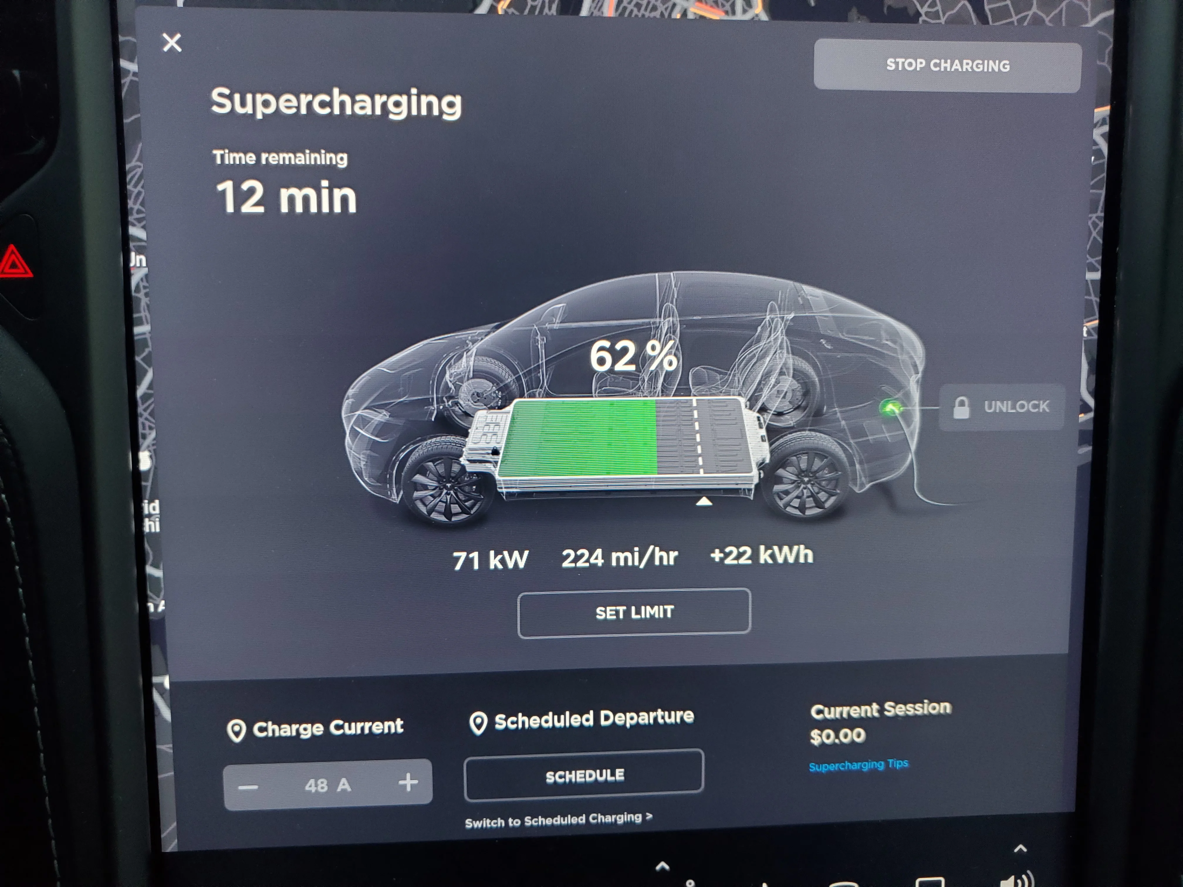 Supercharging at 71 kW in a Tesla