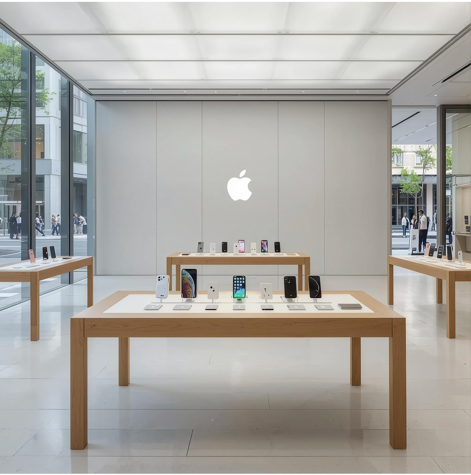 Apple products displayed on a minimalist wooden table