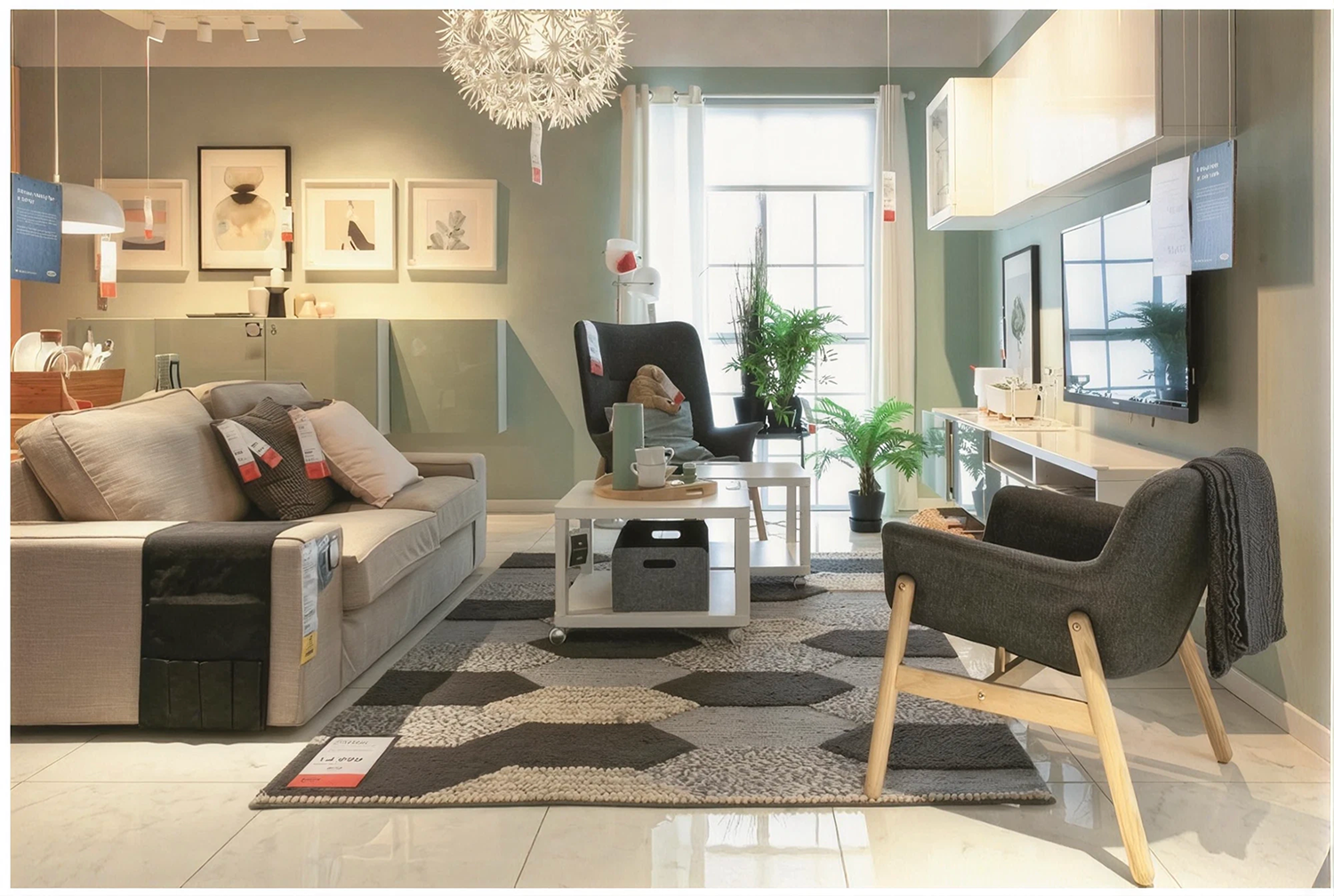 IKEA living room display with coordinated furniture and décor