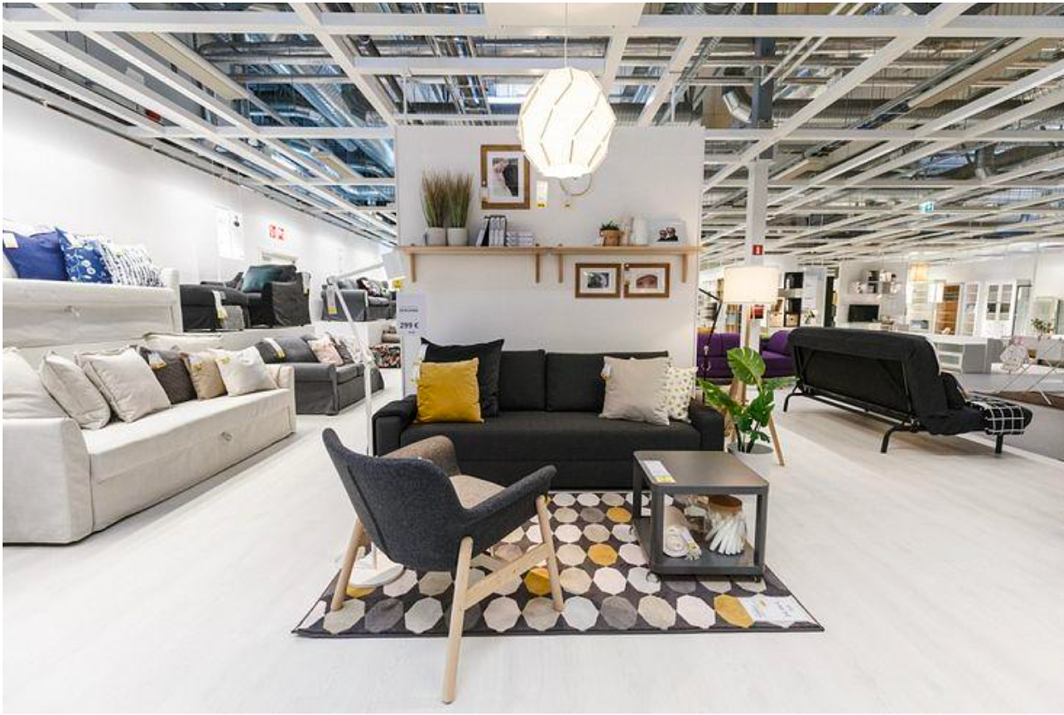 IKEA showroom with coordinated sofa, chairs and accessories