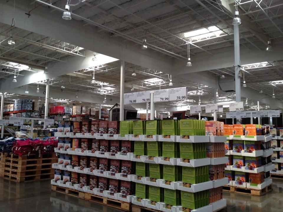 Costco warehouse display with products stacked on pallets