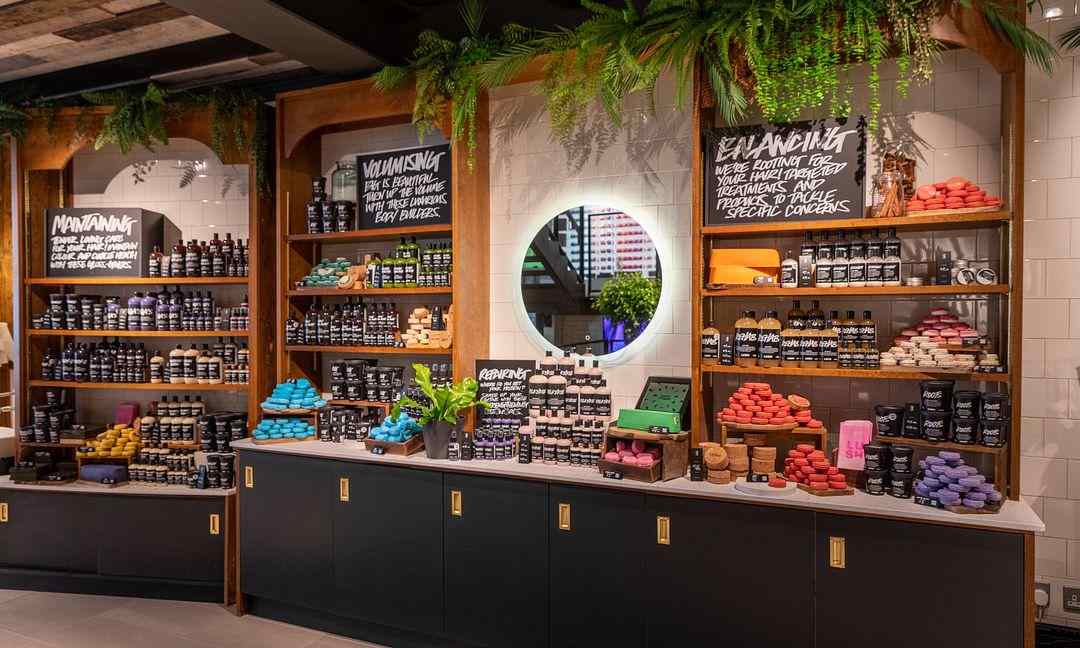 Lush store display with colorful bath products