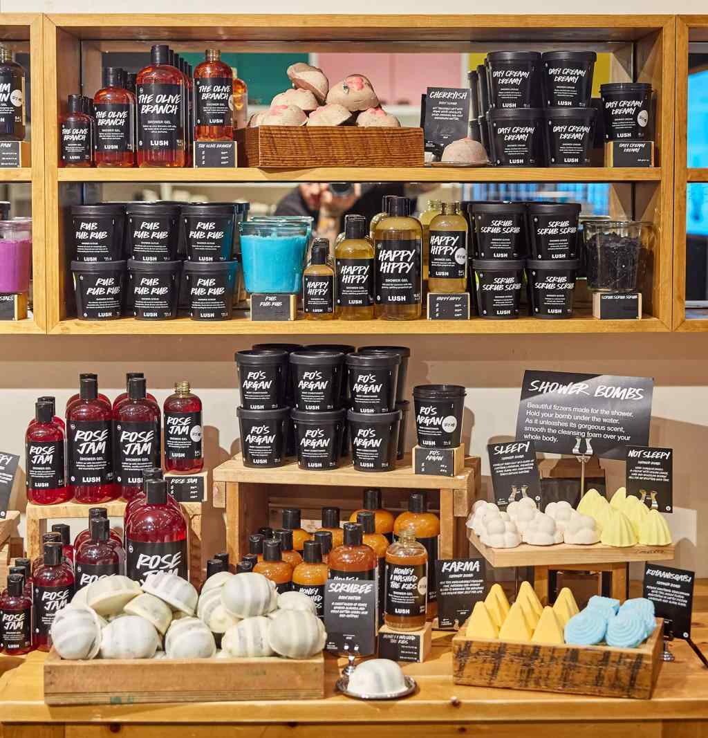 Lush bath and body products displayed on shelves