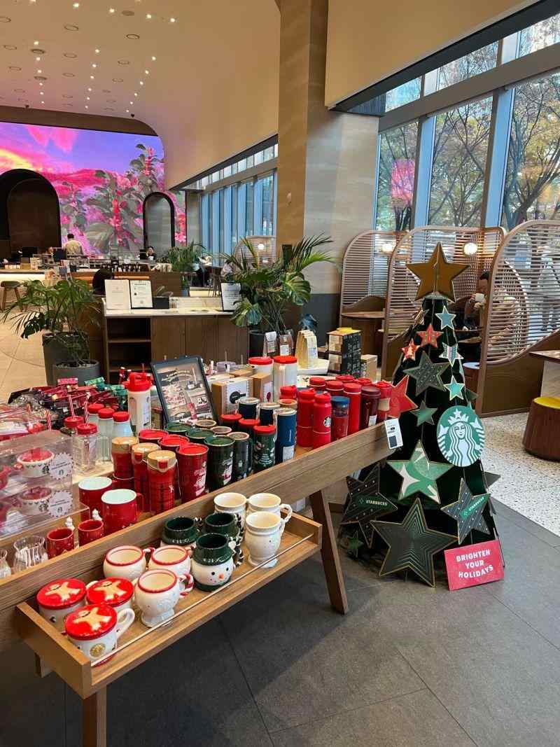 Starbucks display featuring seasonal merchandise
