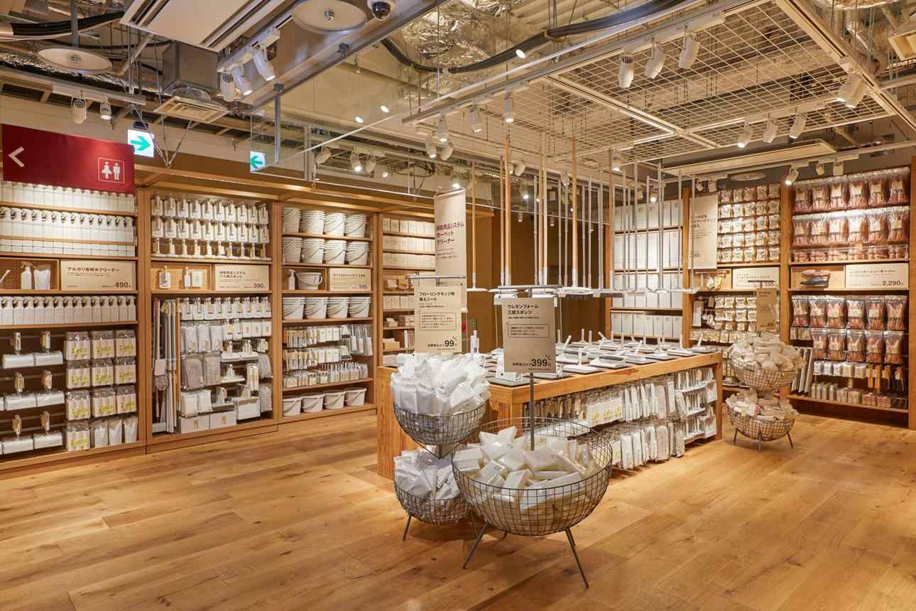 MUJI store with organized wooden shelving