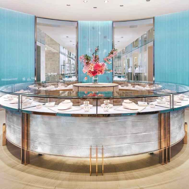 Tiffany jewelry displayed in elegant illuminated cases