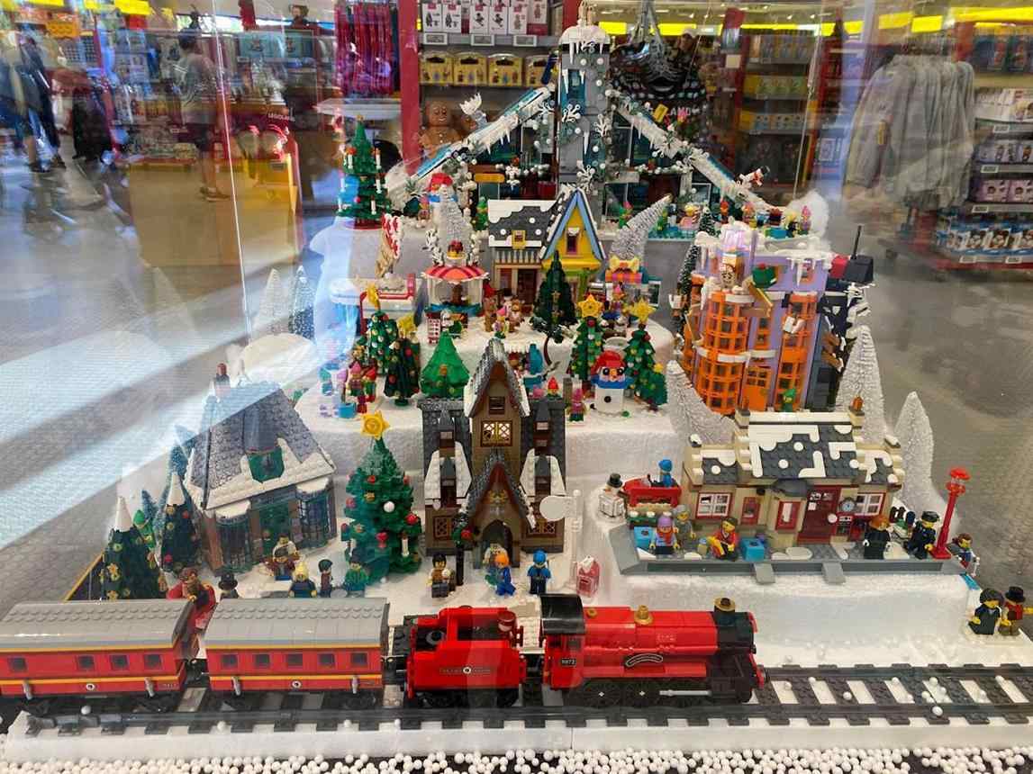 LEGO display featuring detailed seasonal models