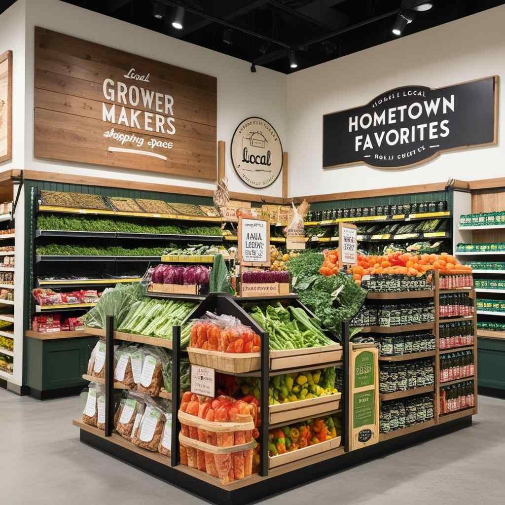 Grocery display featuring local produce and signage