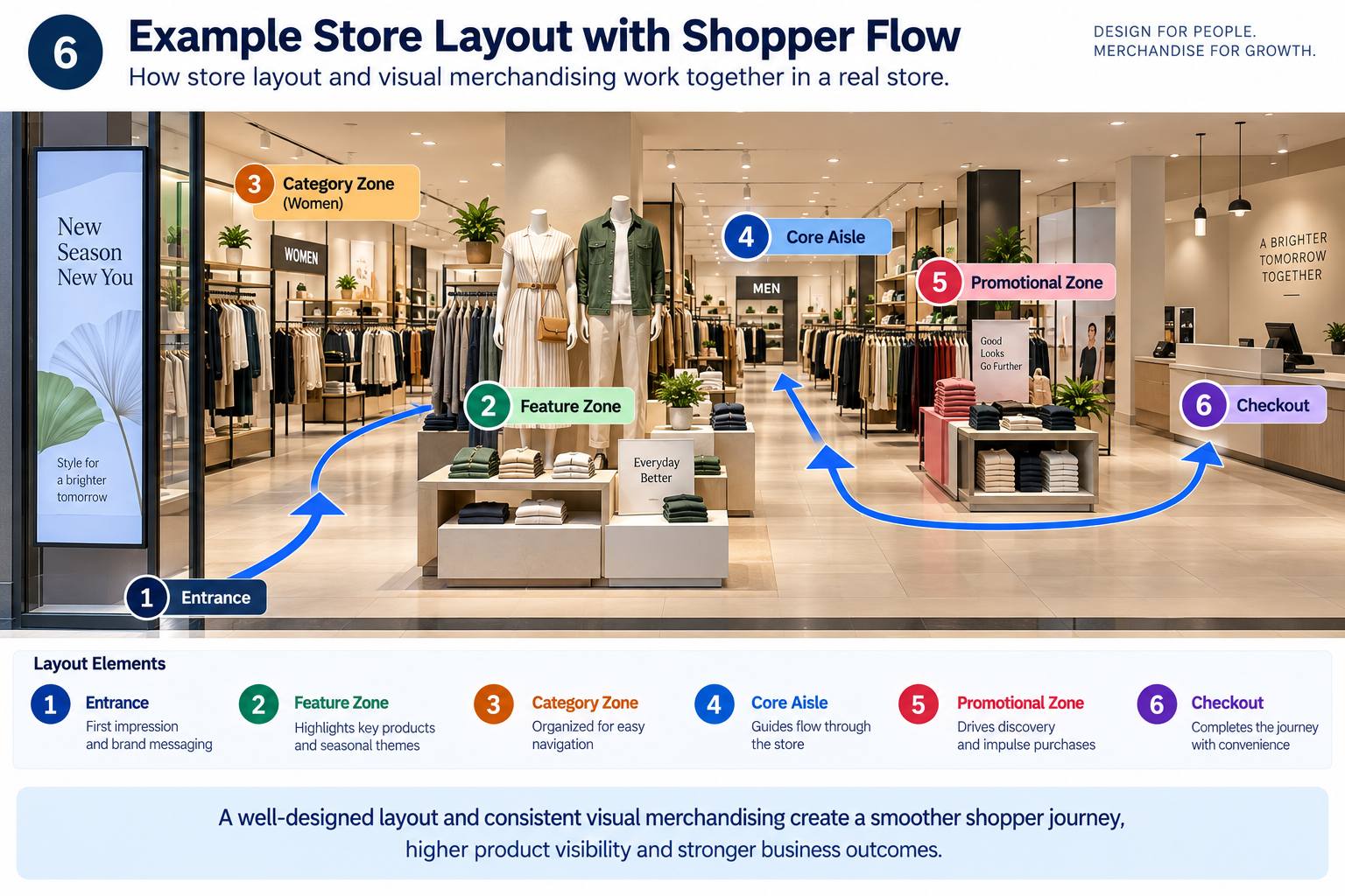 Example store layout with shopper flow