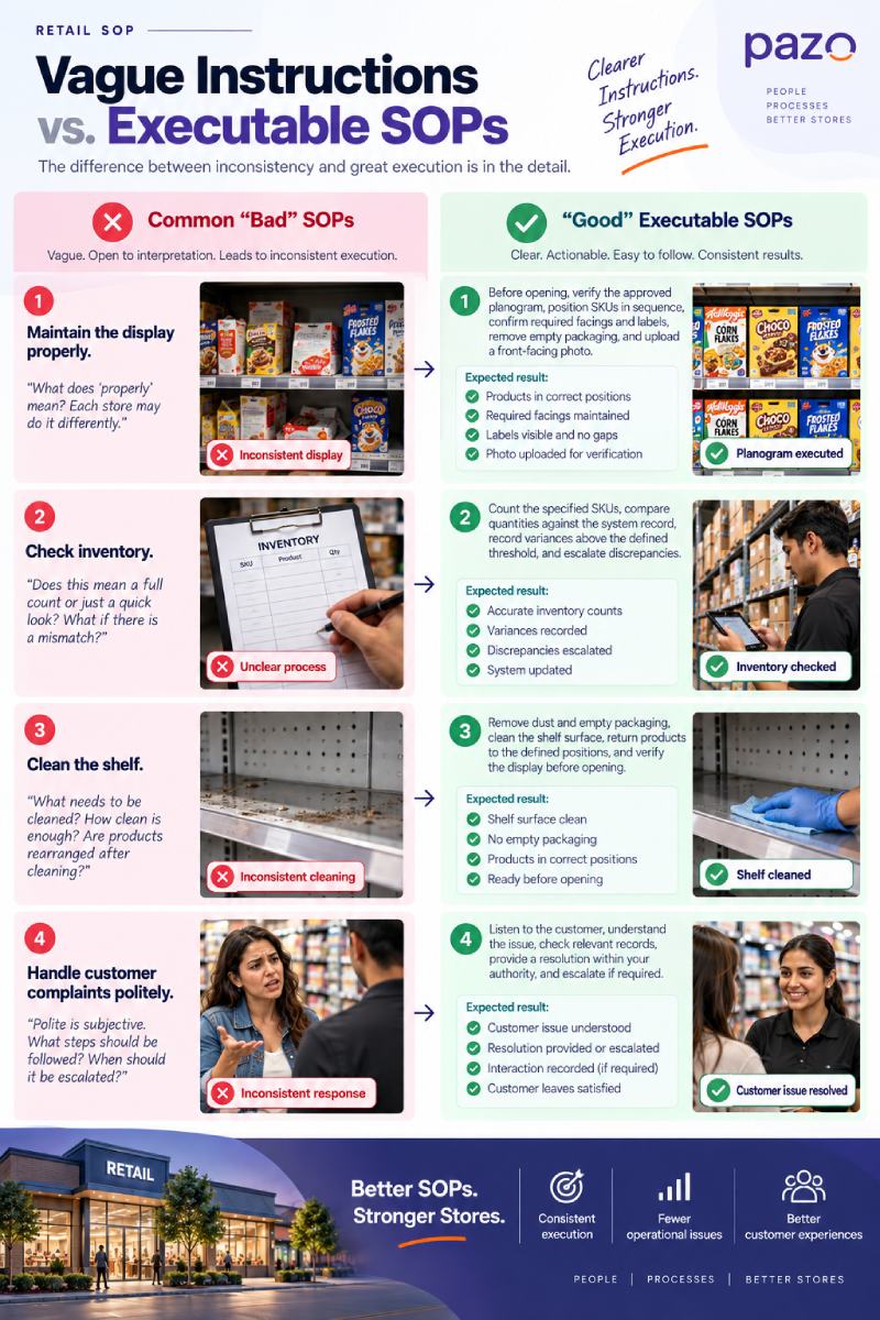 Comparison of vague retail SOP instructions and clear executable retail SOP examples