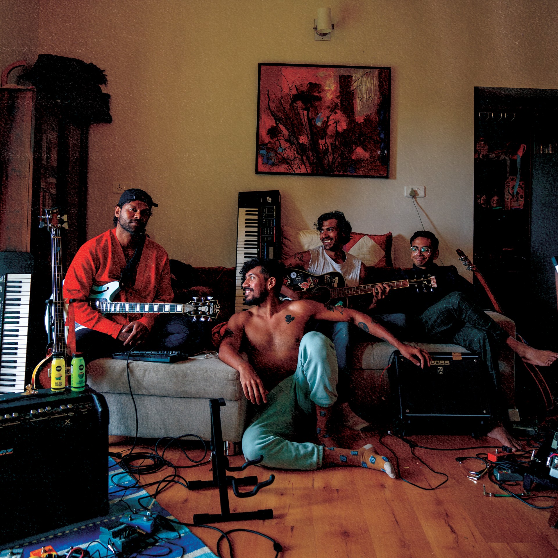 The F16s recording together in a living room