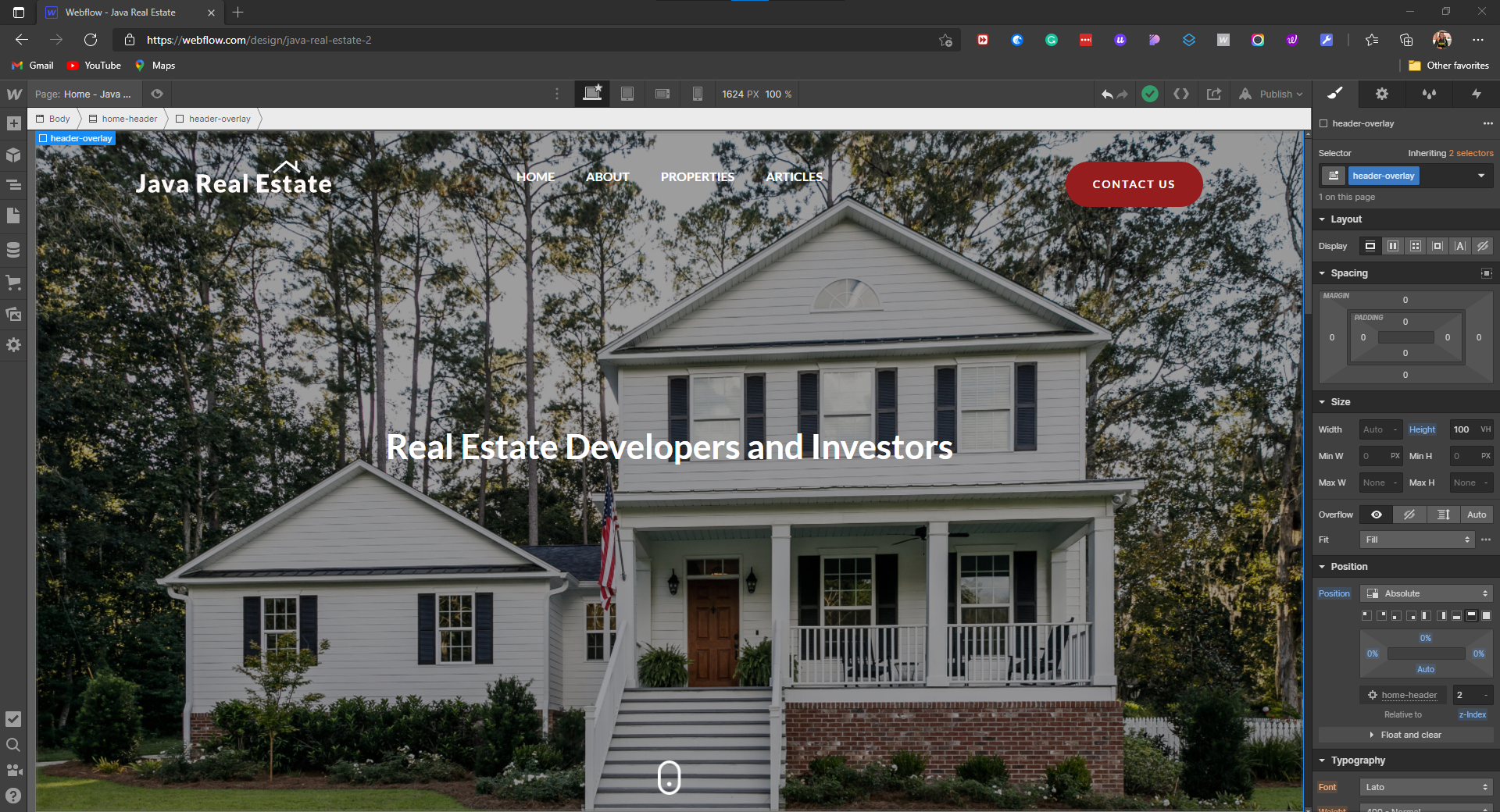 The designer view of the site in Webflow.