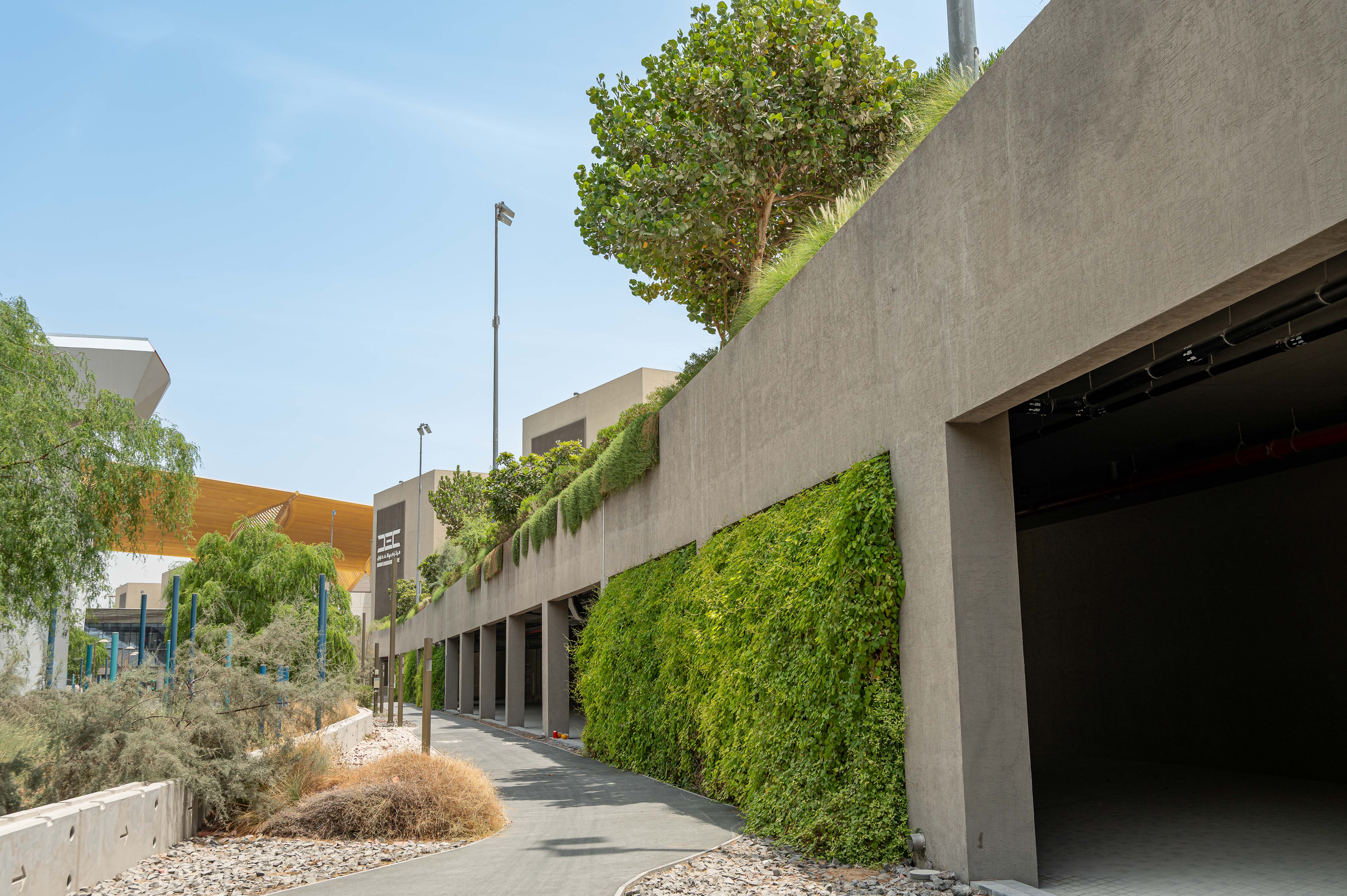 A shaded colonnade offer visitors areas to rest enroute to the Exhibition Centre
