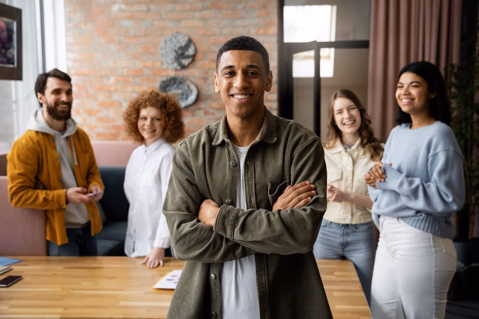 Confident man standing in front of his smiling team