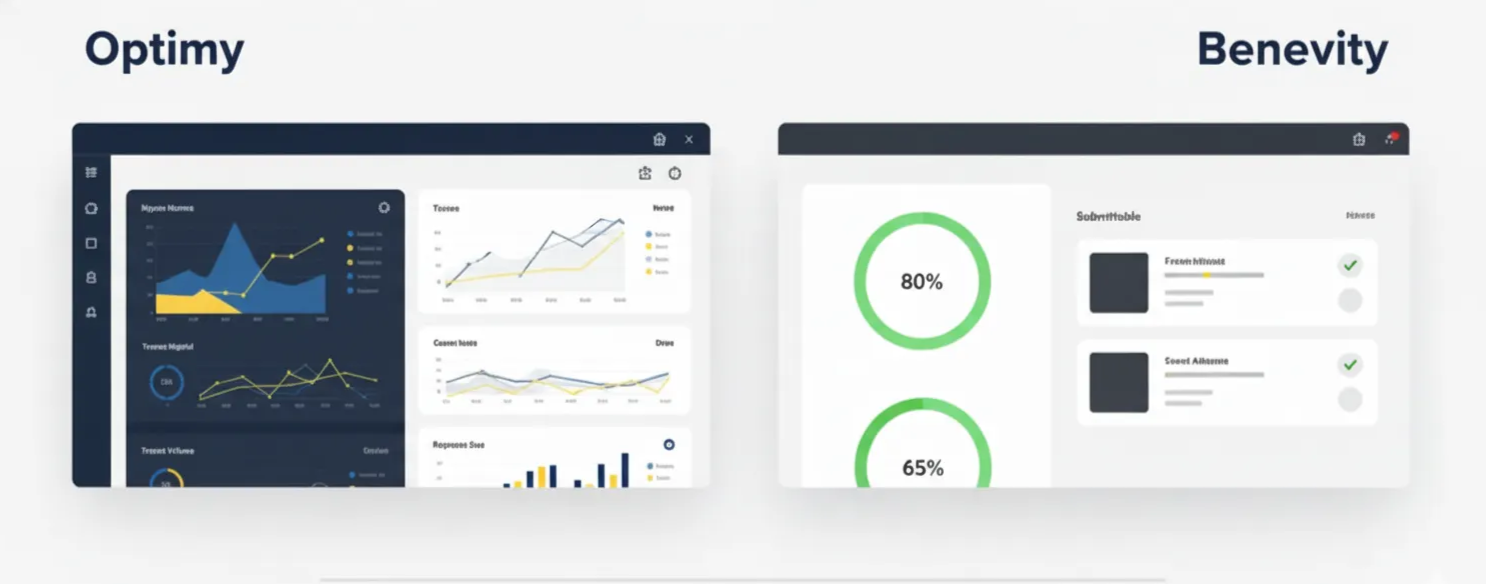 Dashboard comparison between Optimy and Benevity CSR platforms.
