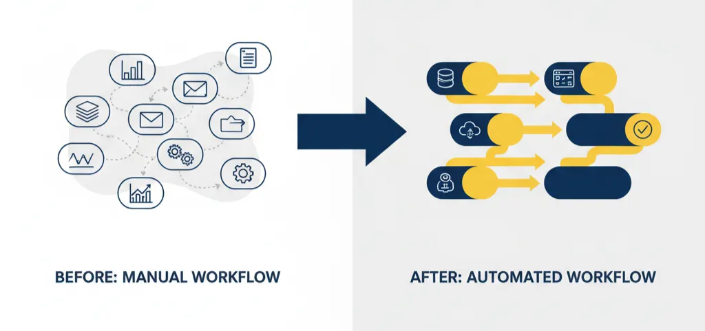 Comparison of manual and automated CSR workflows before and after Optimy