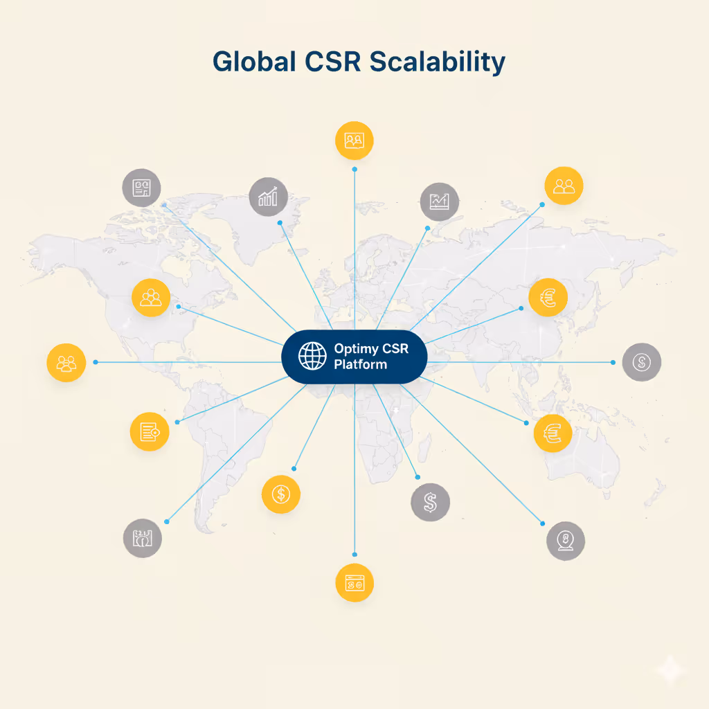 Carte du monde montrant les connexions de la plateforme Optimy CSR pour une évolutivité globale de la RSE.
