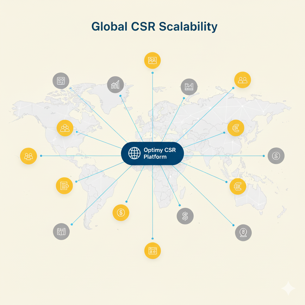 World map showing Optimy CSR Platform connections for global CSR scalability.