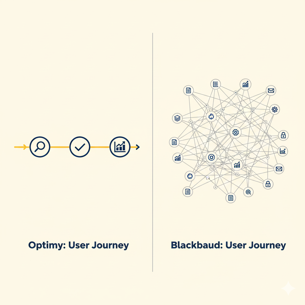 Simplified Optimy user journey compared to complex Blackbaud workflow map.