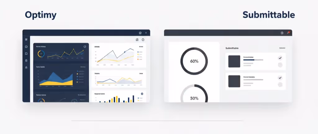 Side-by-side dashboards comparing Optimy’s detailed analytics and Submittable’s progress tracking.
