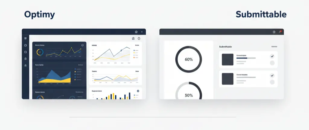 Side-by-side dashboards comparing Optimy’s detailed analytics and Submittable’s progress tracking.