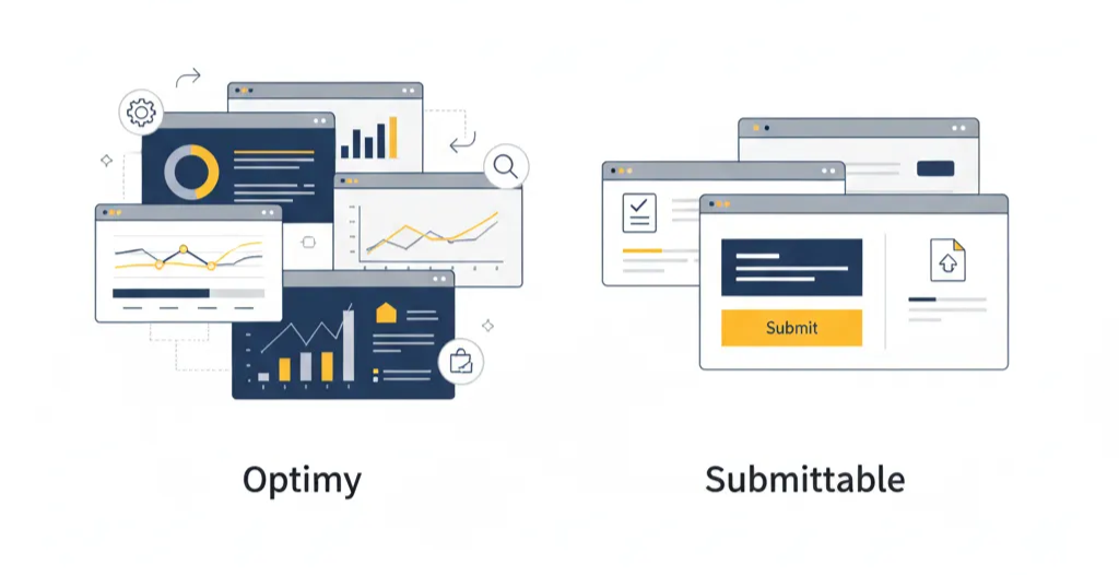 Illustration comparing Optimy’s analytics dashboards and Submittable’s submission forms.