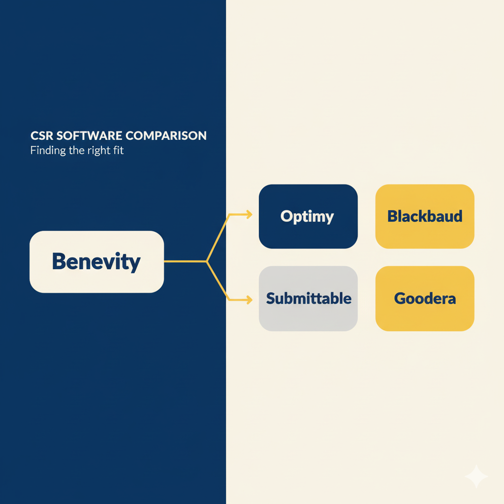 CSR software comparison showing Benevity alternatives: Optimy, Blackbaud, Submittable, and Goodera