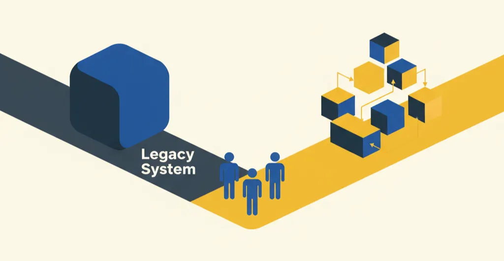 Illustration showing transition from legacy CSR systems to modern modular platforms.