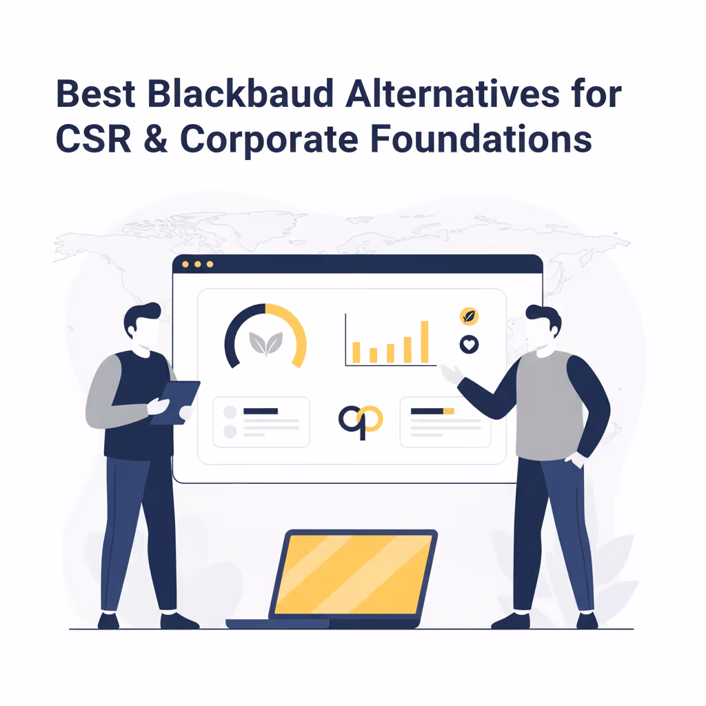 Illustrazione dei professionisti che analizzano la dashboard del software CSR intitolata Migliori alternative a Blackbaud per la CSR e le fondazioni aziendali.