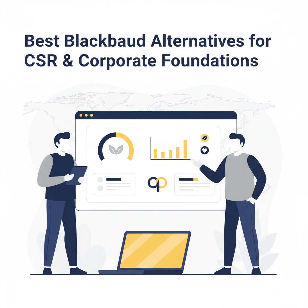 Illustration of professionals analyzing CSR software dashboard titled Best Blackbaud Alternatives for CSR and Corporate Foundations.