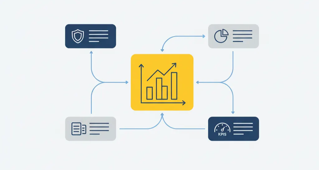 Graphique montrant les points de données connectés pour la conformité, les indicateurs clés de performance et les rapports de performance.
