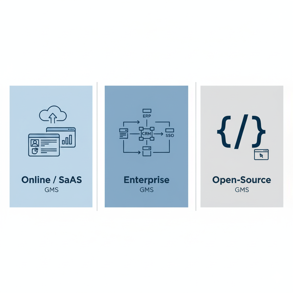 "Three-panel illustration comparing types of Grant Management Systems. Left panel: ‘Online / SaaS GMS’ with cloud and dashboard icons. Middle panel: ‘Enterprise GMS’ showing an interconnected architecture with ERP, CRM, and SSO integrations. Right panel: ‘Open-Source GMS’ with code brackets and a terminal icon. Clean blue-gray corporate design
