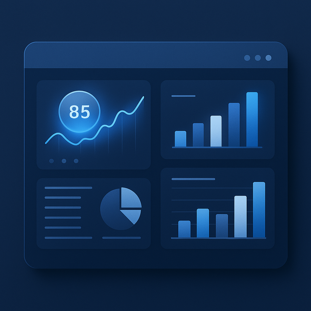 Dashboard analytics interface in a clean, modern style, featuring four data visualization panels: a glowing KPI circle with a line graph, two bar chart widgets, and a pie chart with text rows. The design uses Optimy’s deep blue palette with subtle gradients and soft highlights, creating a polished corporate look. No people or icons outside the charts; the layout is minimal and tech-focused.