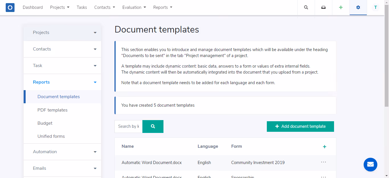 Optimy document template builder step 1