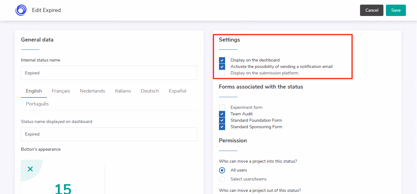 Configuration des statuts Optimy - Étape 3