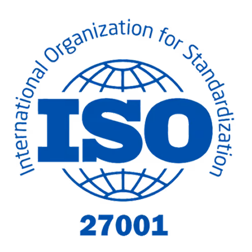 ISO 27001 logo featuring bold blue letters ISO centered over a stylized globe, with the text International Organization for Standardization curved above and 27001 below.