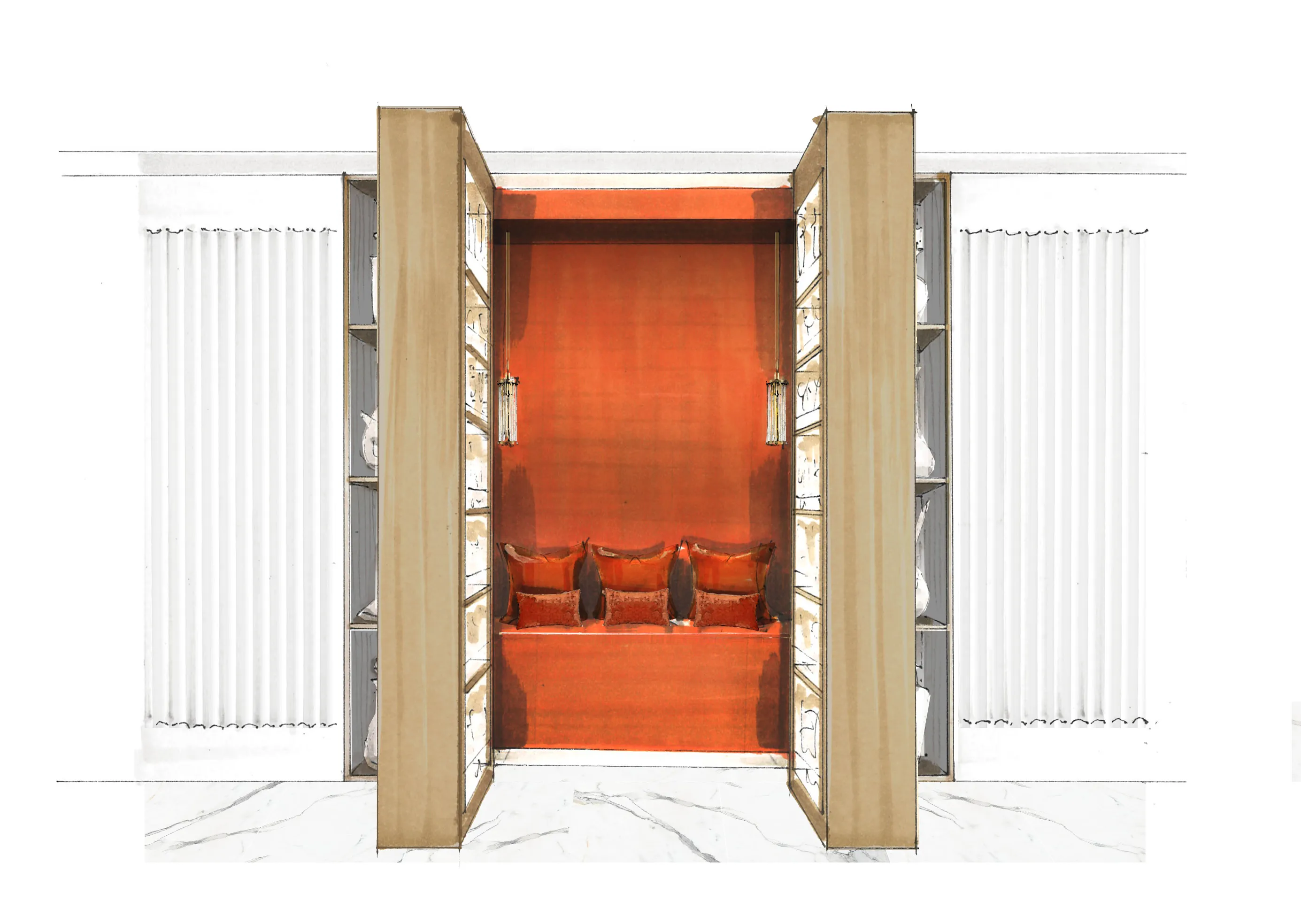 Built-in wooden nook with four burnt orange cushions and matching pillows, flanked by shelves with decorative items and white floor-length curtains on the sides.