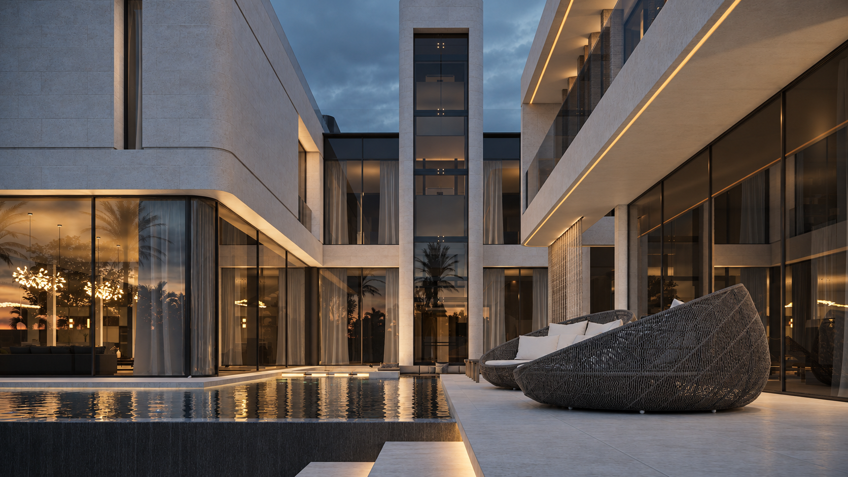 Al Awir residence courtyard at dusk, with a reflecting pool, stone façades and sculptural outdoor seating