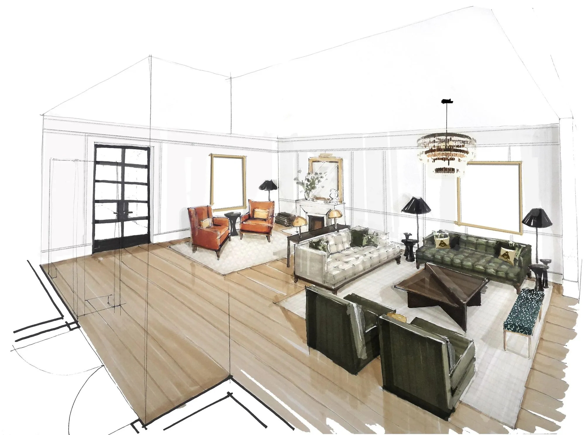 Living room sketch in interior design project in Surrey by Elliot James Interiors