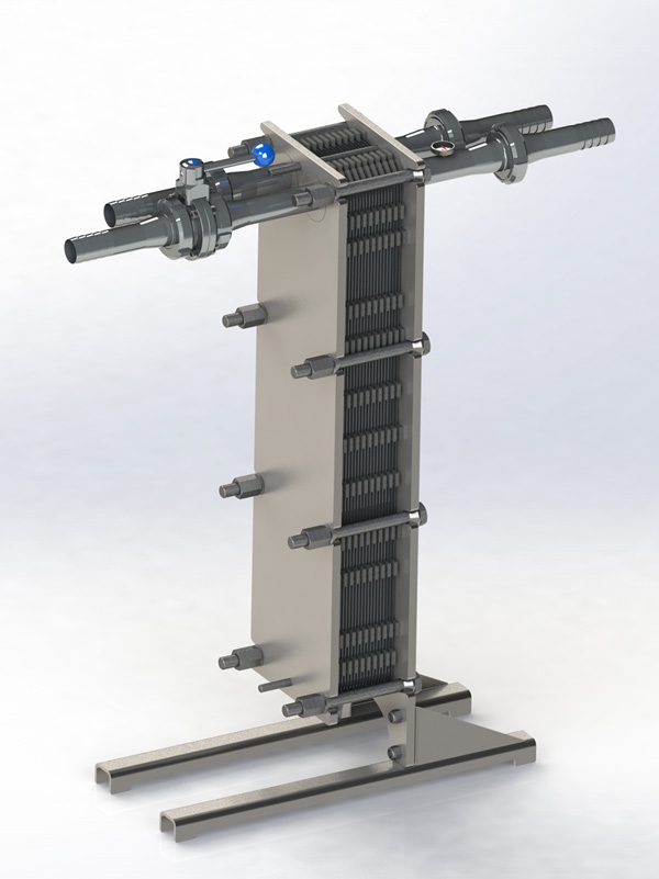 Counterflow sanitary plate heat exchanger for wort cooling (Image source: https://brovarni.com/breweries-units-catalog/brewery-units/plate-wort-chiller/)