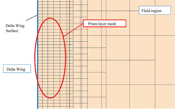 Example of prism layer mesh. Source: "Aerodynamic Sound Radiated from Longitudinal and Transverse Vortex Systems Generated around the Leading Edge of Delta Wings" written by Shigeru Ogawa, Jumpei Takeda, Taiki Kawate, Keita Yano, published by Open Journal of Fluid Dynamics, Vol.6 No.2, 2016