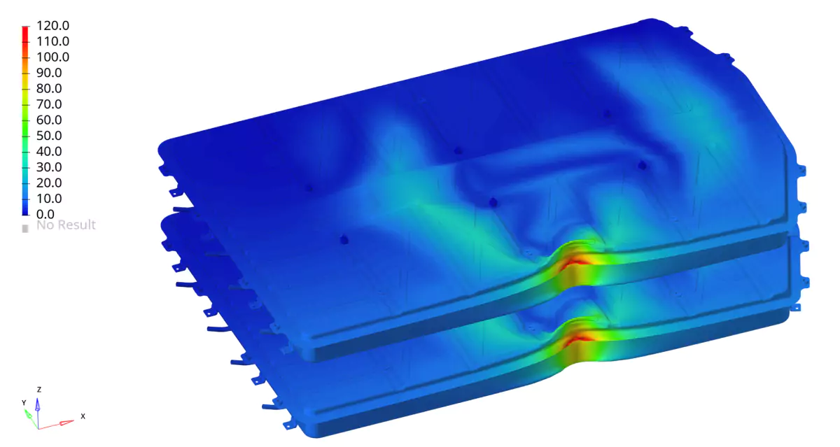 Comparison of deformations during a battery crash, as simulated in hours by CAE (top) and simulated in a second by Artificial Intelligence (bottom).