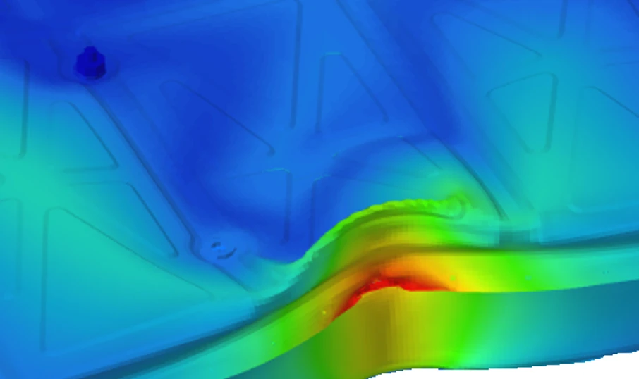 Example of crashworthiness simulation to identify potential damage to battery encasing during a lateral pole impact for hybrid or electric vehicles